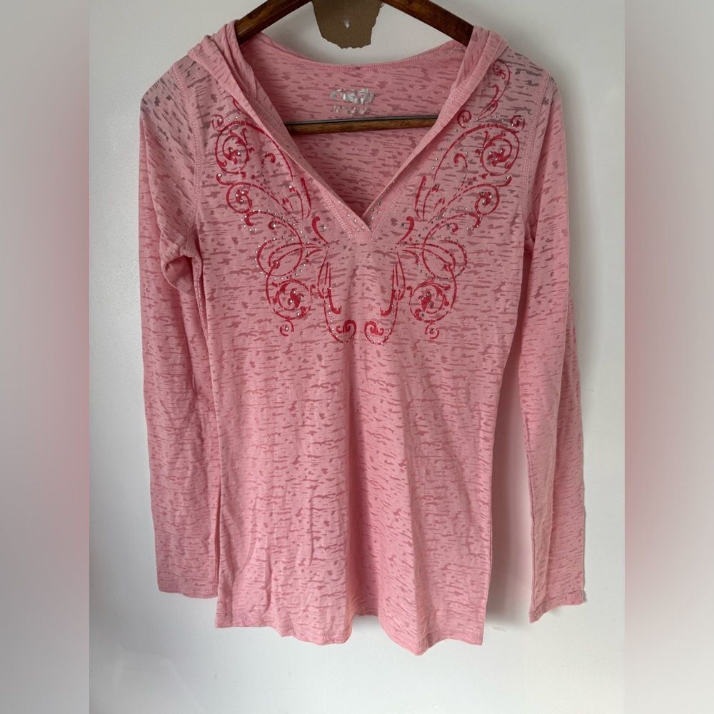 Roper NEW Ladies Long Sleeve Hooded Burnout T-shirt Hoodie Pink Western Size Sm